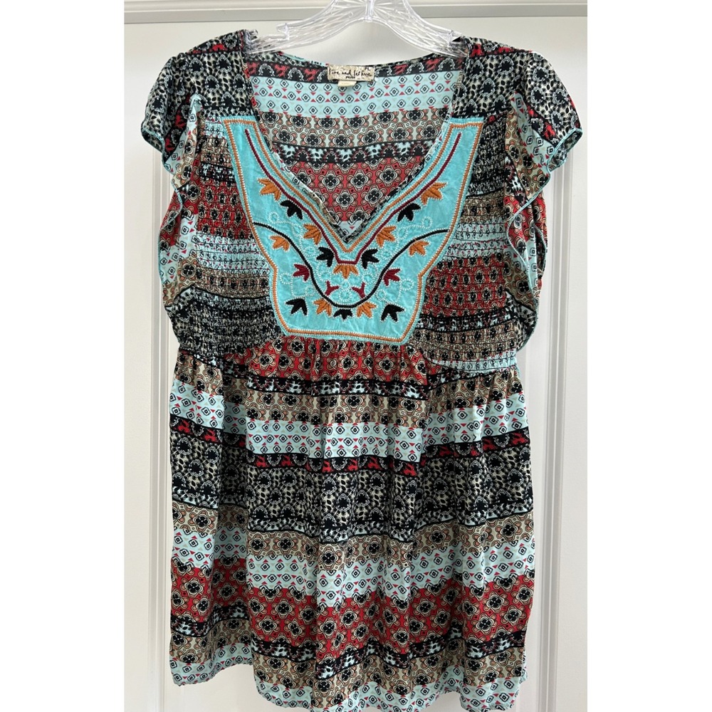 Live and Let Live Petite Boho Embroidered Smocked Empire Waist Tunic Top PL